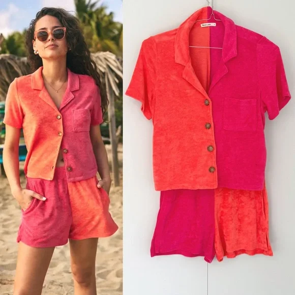 MARINE LAYER Women’s Terry Out Jacquard Resort Shirt in Hot Coral Colorblock - Picture 1 of 14